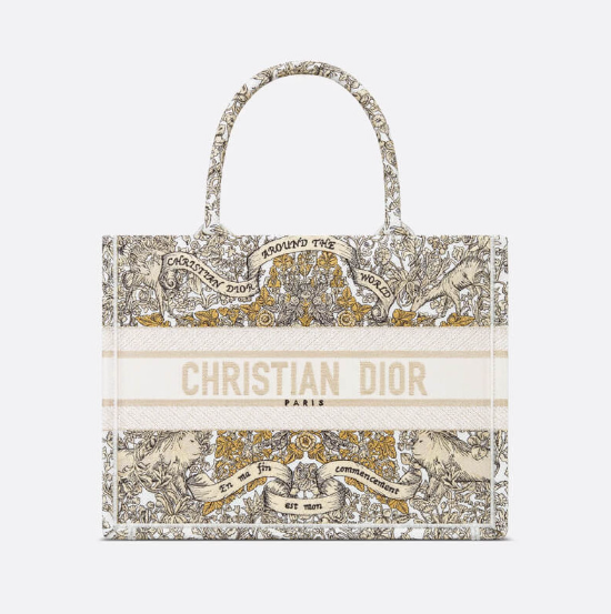 AlohaPlaza™ CD Book Tote Medium Latte Embroidery with Gold-Tone Dior Around the World Motif