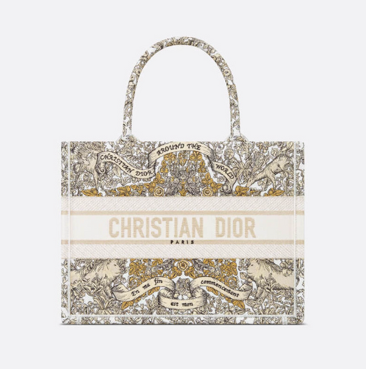 AlohaPlaza™ CD Book Tote Medium Latte Embroidery with Gold-Tone Dior Around the World Motif