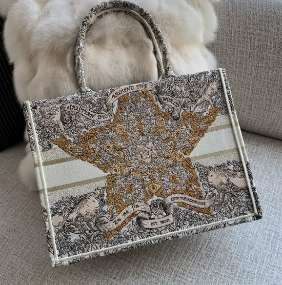 AlohaPlaza™ CD Book Tote Medium Latte Embroidery with Gold-Tone Dior Around the World Motif