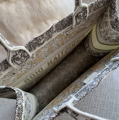 AlohaPlaza™ CD Book Tote Medium Latte Embroidery with Gold-Tone Dior Around the World Motif