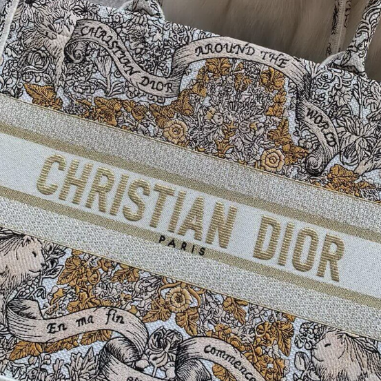 AlohaPlaza™ CD Book Tote Medium Latte Embroidery with Gold-Tone Dior Around the World Motif