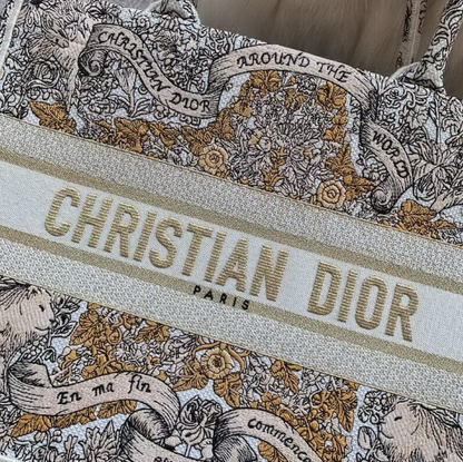 AlohaPlaza™ CD Book Tote Medium Latte Embroidery with Gold-Tone Dior Around the World Motif